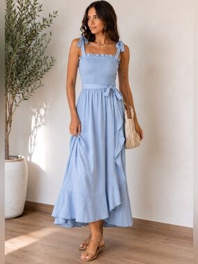 DUKAKII Light Blue Smocked Midi Dress | Tie Strap Sleeveless Flowy Dress